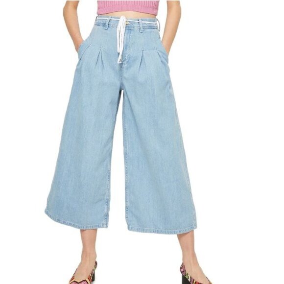 TOPSHOP MOTO Pleat Tie Crop Wide-Leg Jeans - Picture 1 of 7